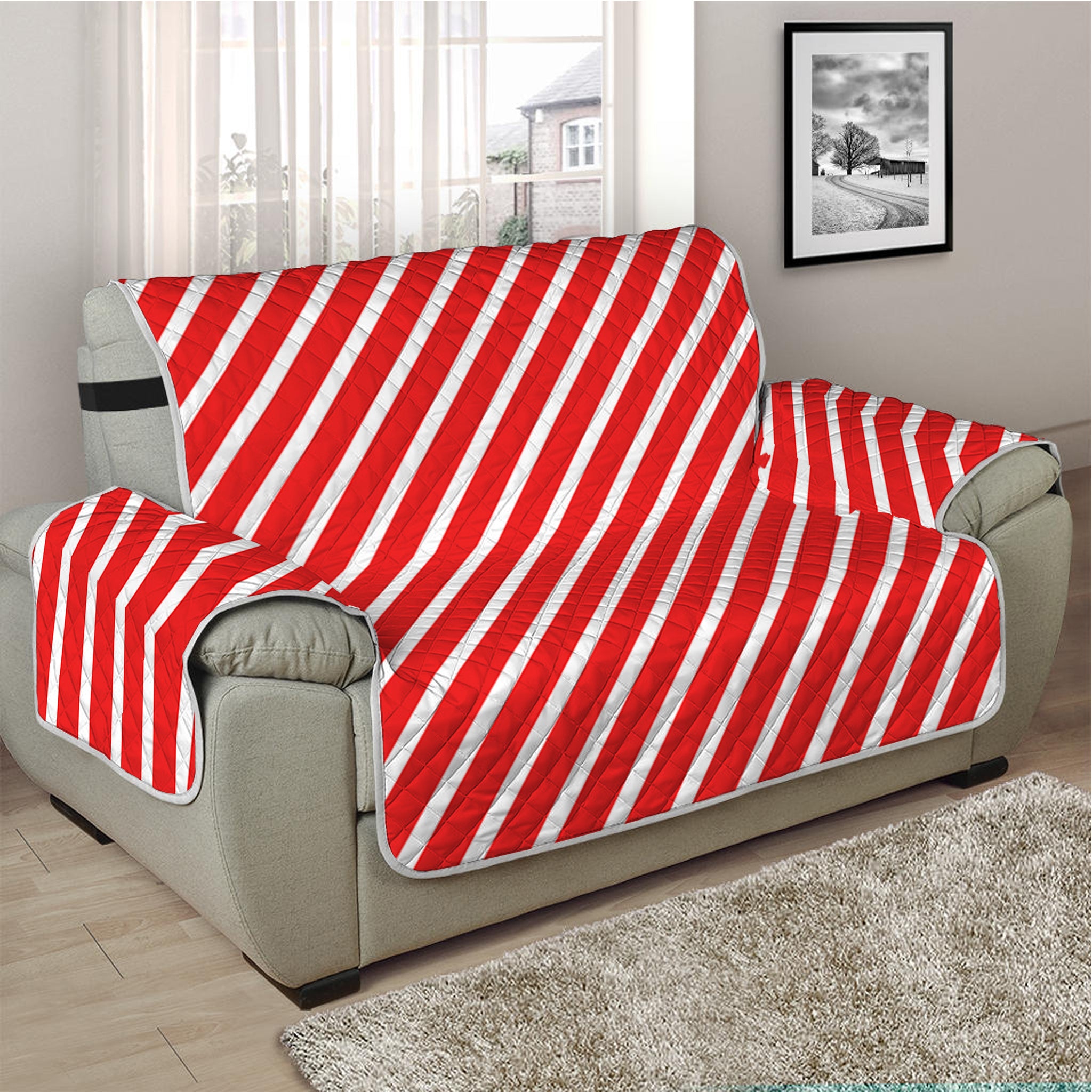 Red And White Candy Cane Pattern Print Half Sofa Protector