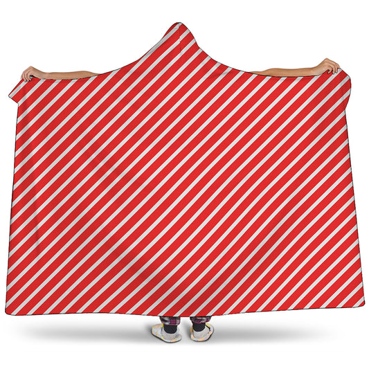 Red And White Candy Cane Pattern Print Hooded Blanket