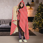 Red And White Candy Cane Pattern Print Hooded Blanket