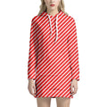 Red And White Candy Cane Pattern Print Pullover Hoodie Dress