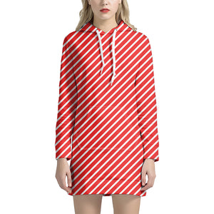 Red And White Candy Cane Pattern Print Hoodie Dress