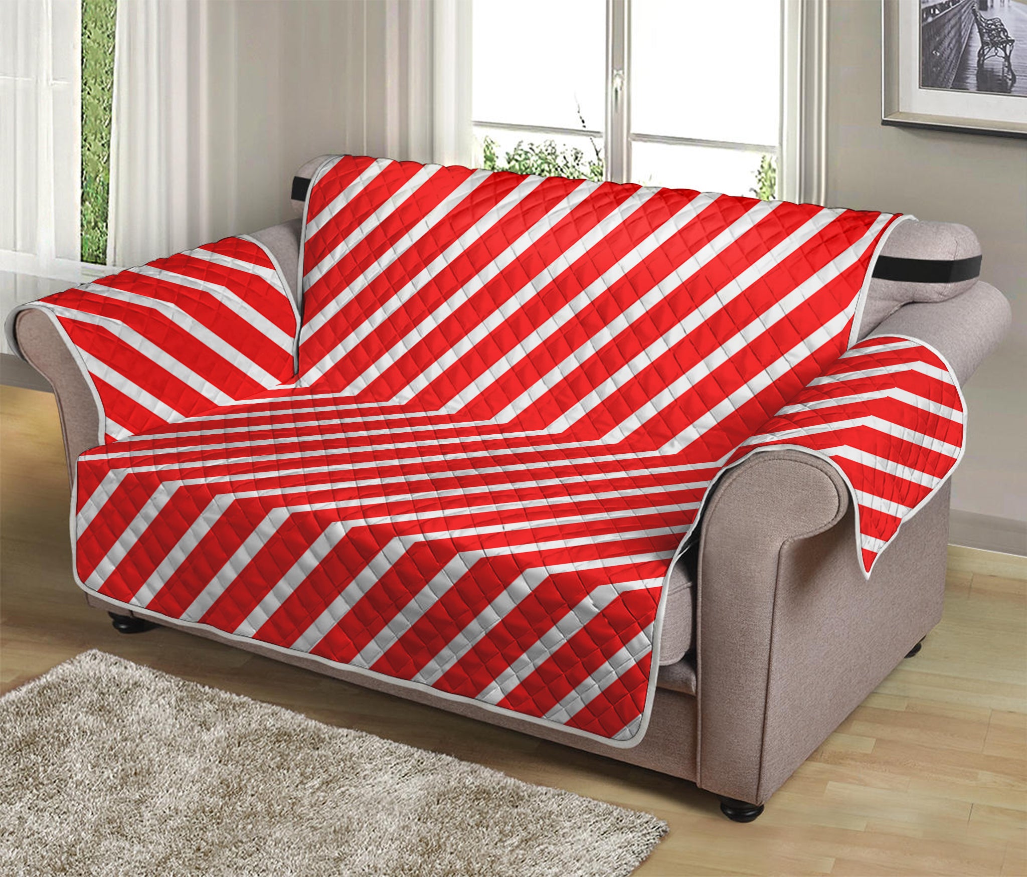 Red And White Candy Cane Pattern Print Loveseat Protector