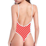 Red And White Candy Cane Pattern Print One Piece High Cut Swimsuit