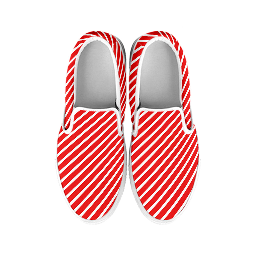 Red And White Candy Cane Pattern Print White Slip On Shoes