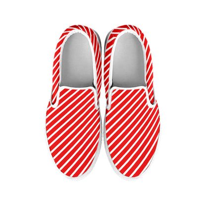 Red And White Candy Cane Pattern Print White Slip On Shoes