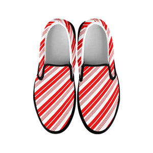 Red And White Candy Cane Stripe Print Black Slip On Shoes