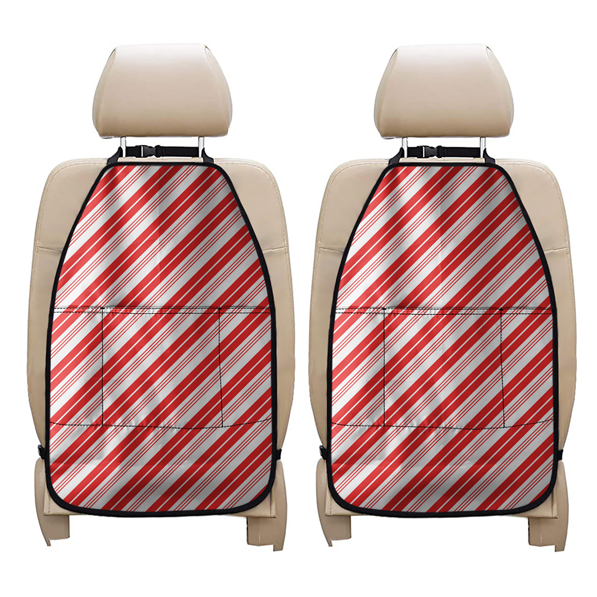 Red And White Candy Cane Stripe Print Car Seat Organizers