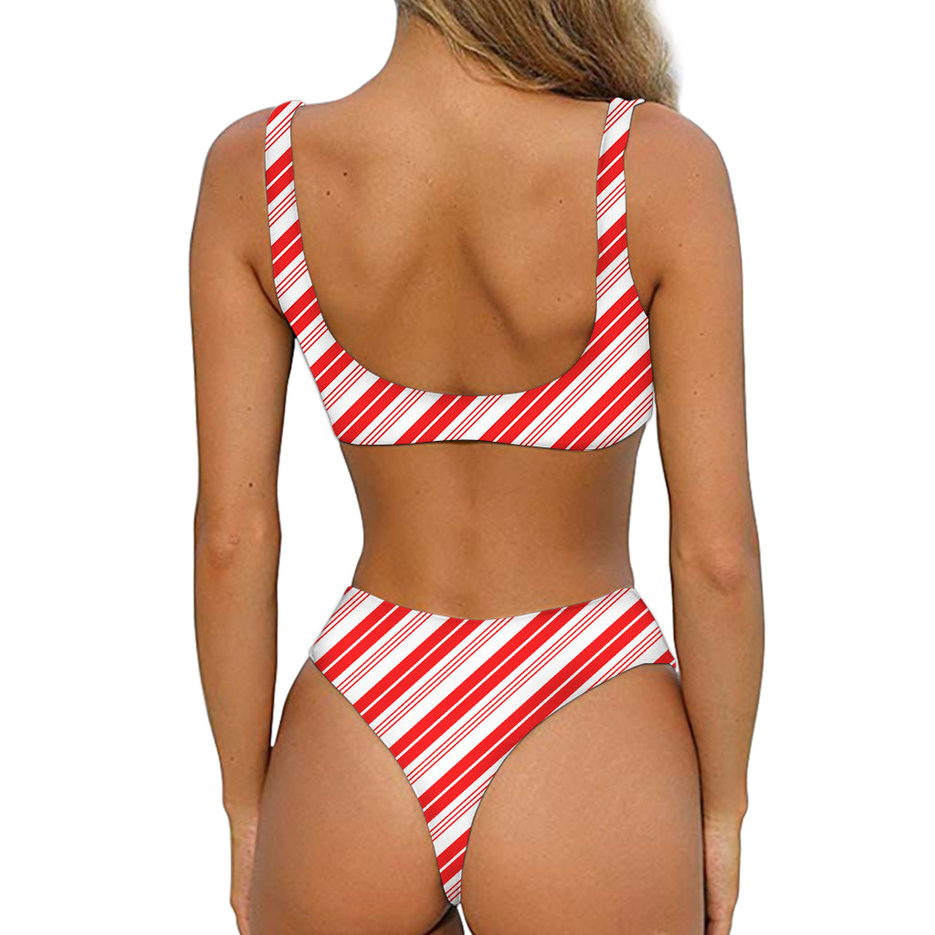 Red And White Candy Cane Stripe Print Front Bow Tie Bikini