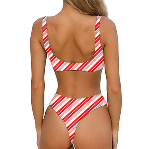 Red And White Candy Cane Stripe Print Front Bow Tie Bikini