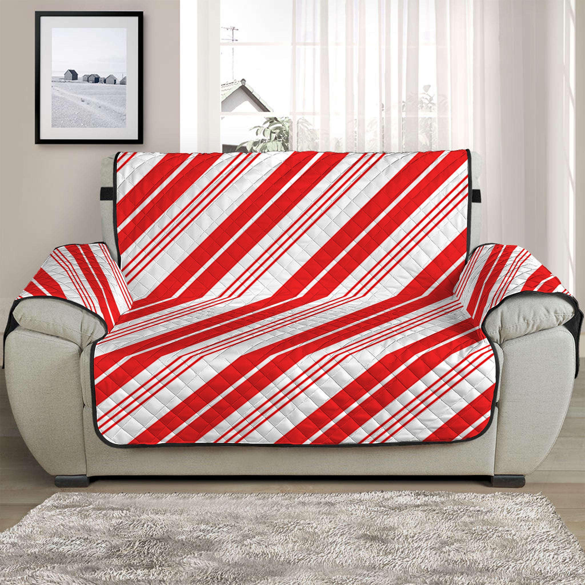 Red And White Candy Cane Stripe Print Half Sofa Protector