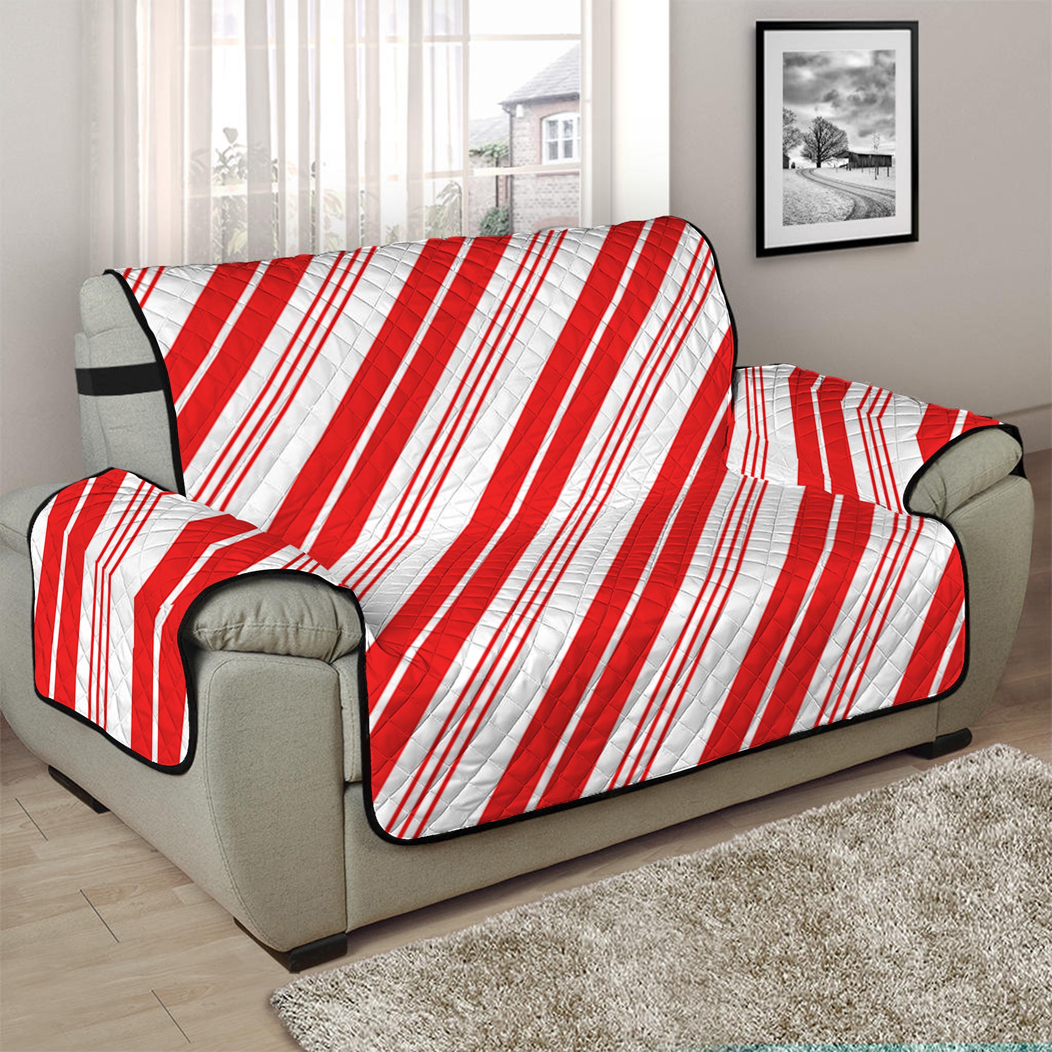 Red And White Candy Cane Stripe Print Half Sofa Protector