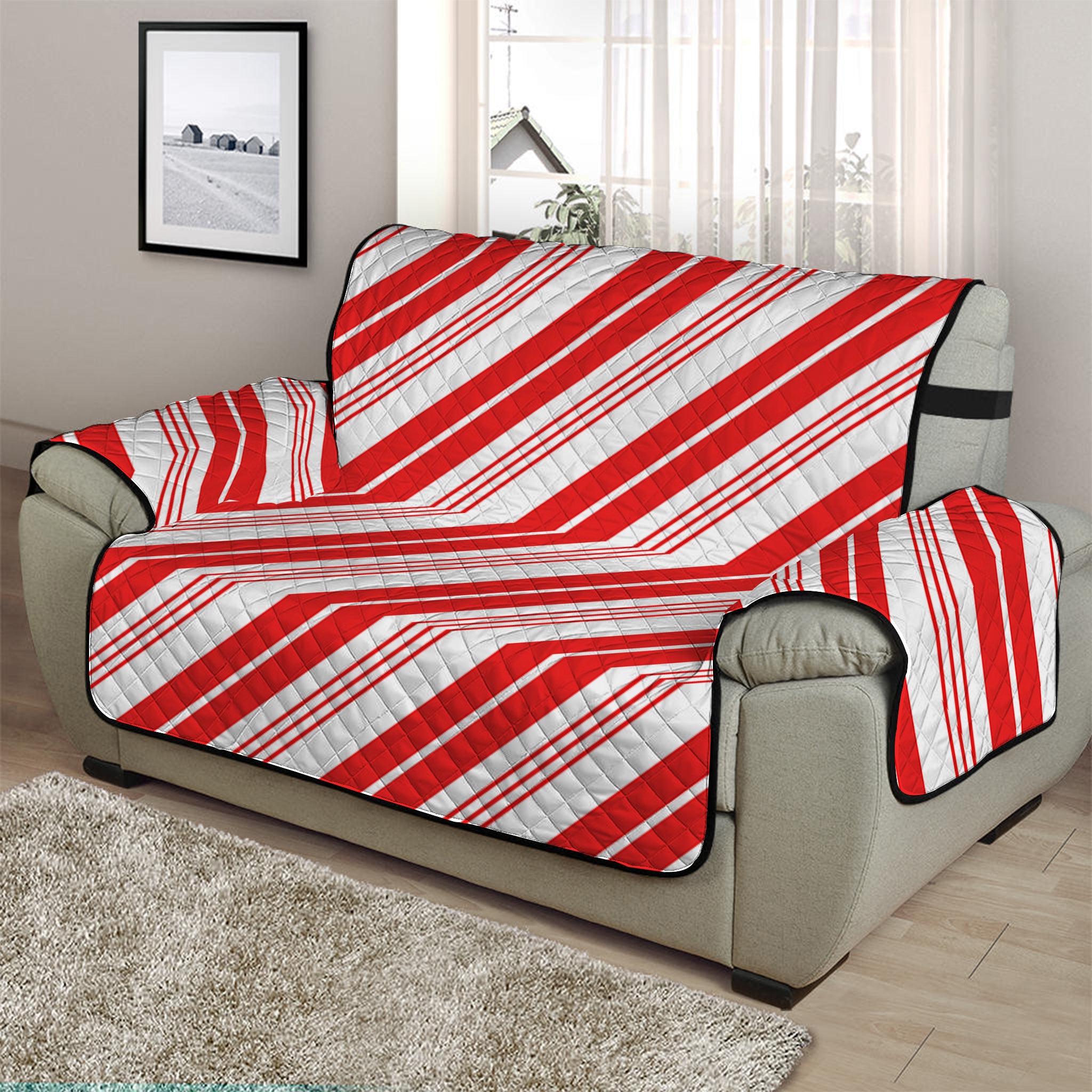 Red And White Candy Cane Stripe Print Half Sofa Protector