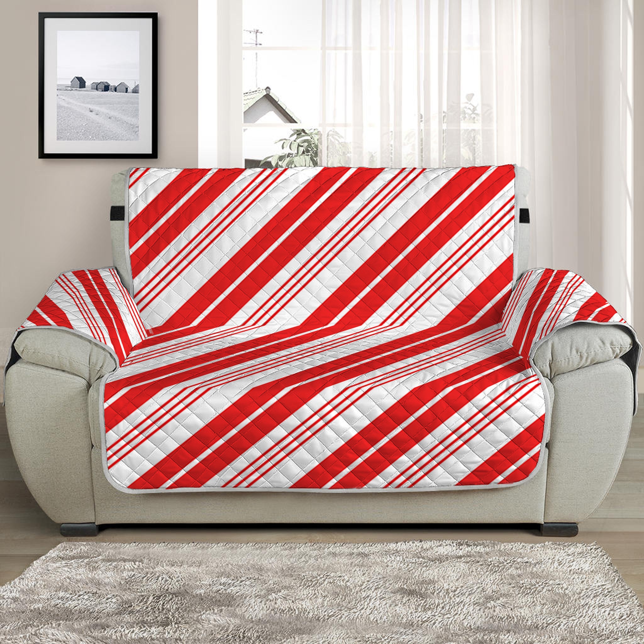 Red And White Candy Cane Stripe Print Half Sofa Protector