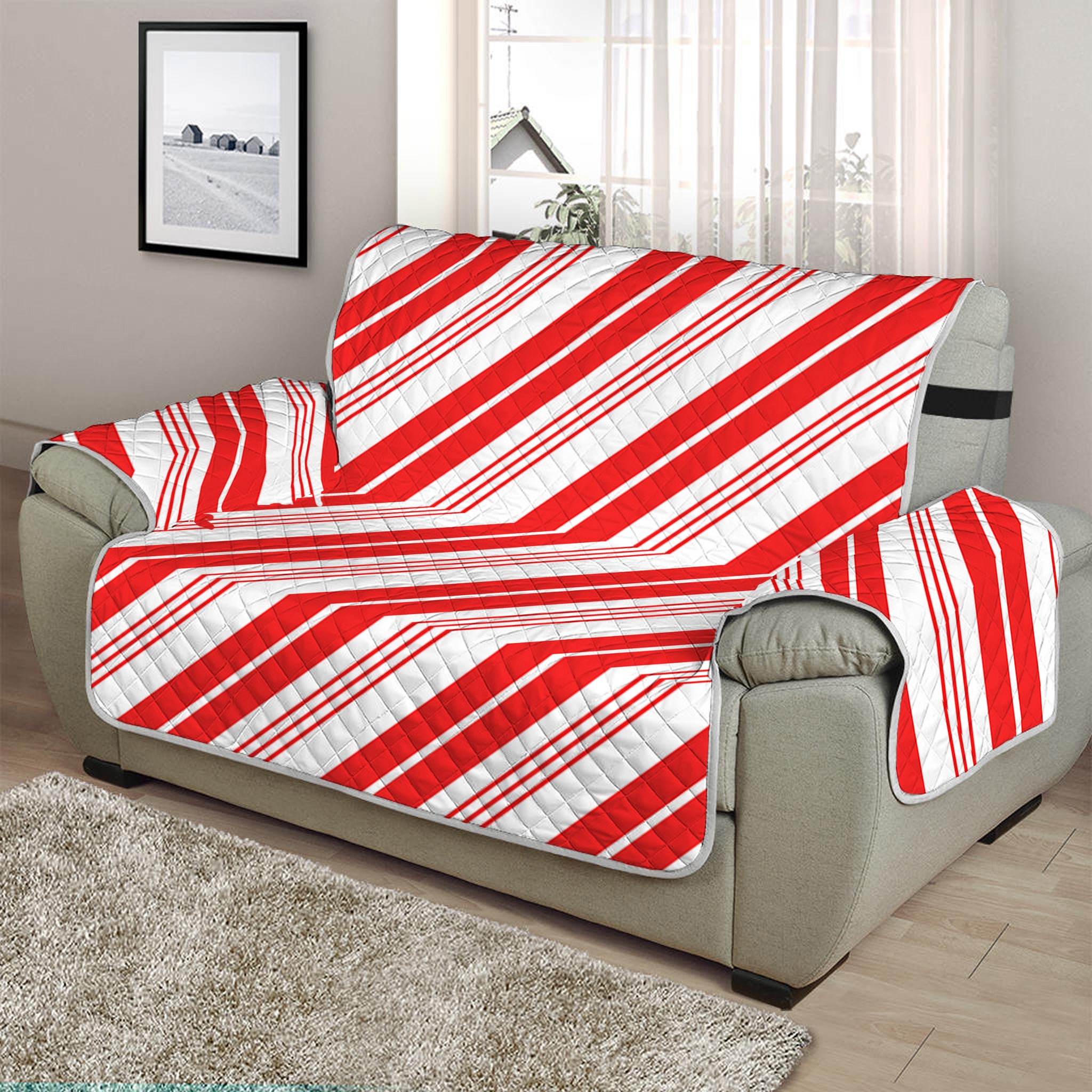 Red And White Candy Cane Stripe Print Half Sofa Protector