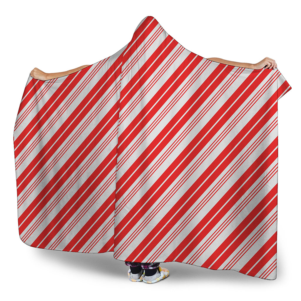 Red And White Candy Cane Stripe Print Hooded Blanket