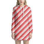 Red And White Candy Cane Stripe Print Hoodie Dress