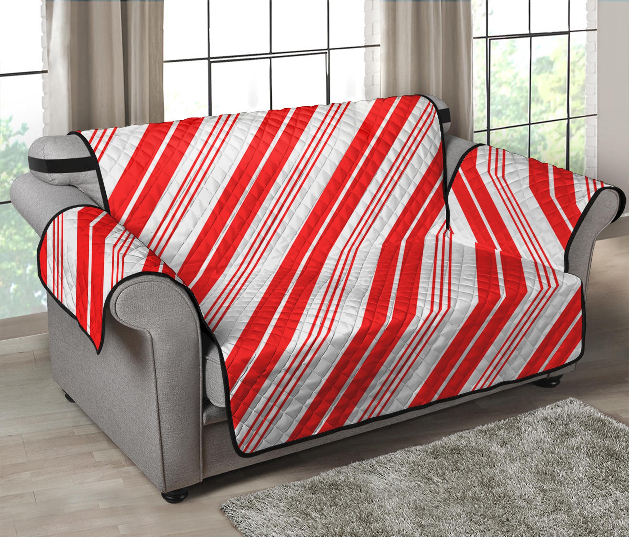 Red And White Candy Cane Stripe Print Loveseat Protector