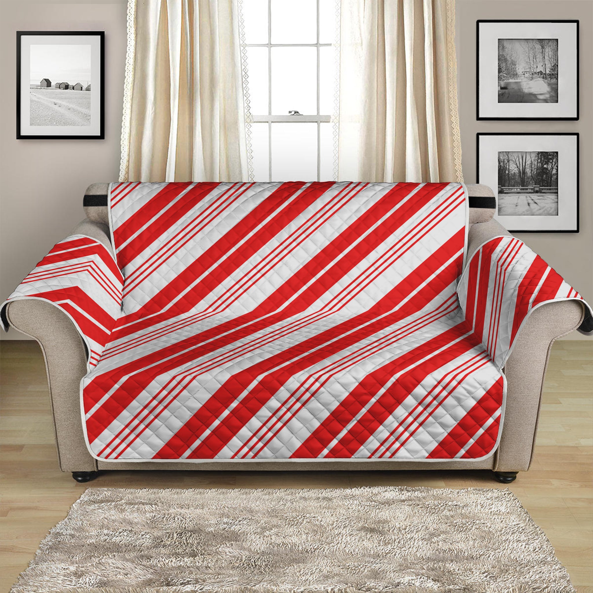 Red And White Candy Cane Stripe Print Loveseat Protector