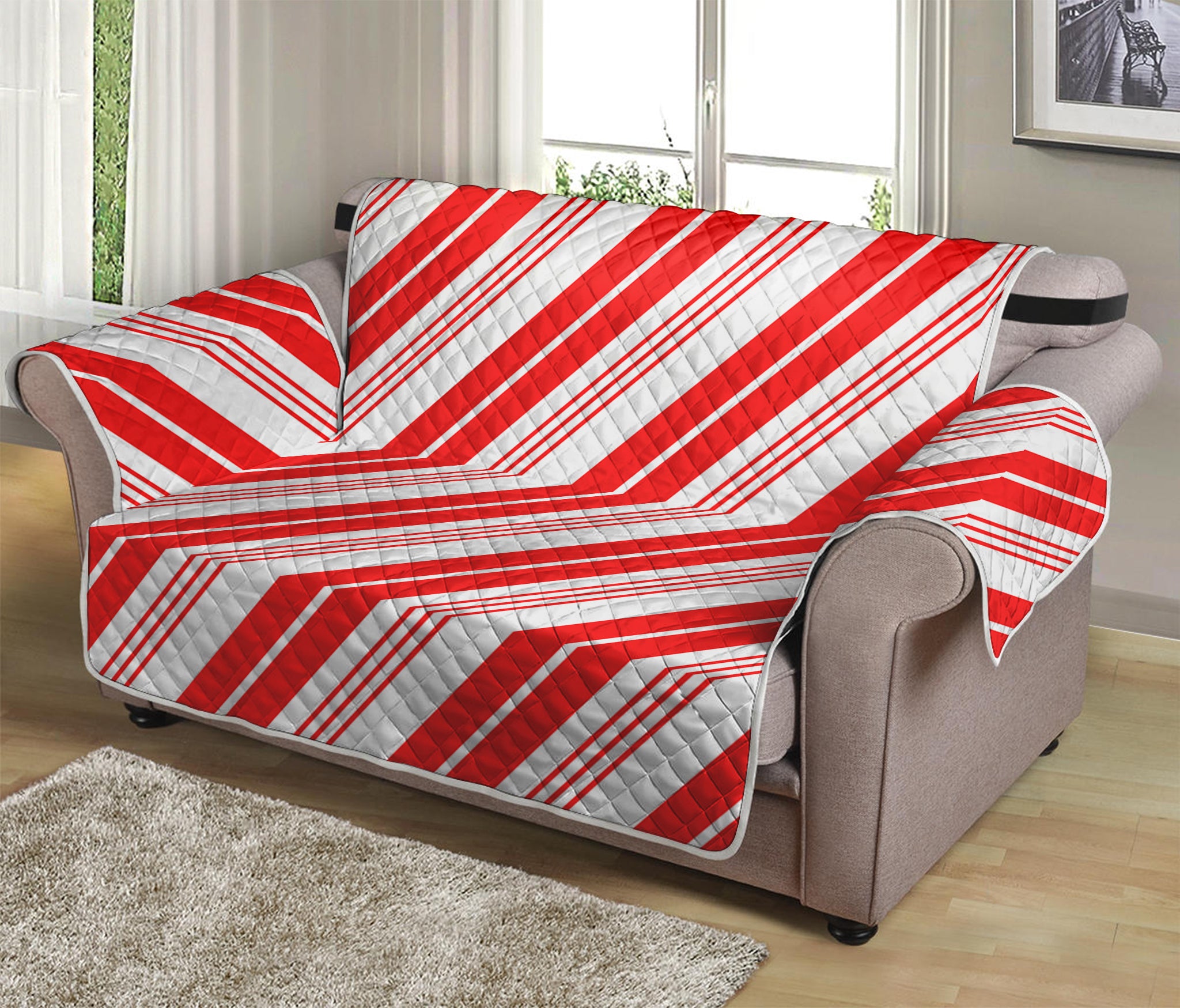 Red And White Candy Cane Stripe Print Loveseat Protector