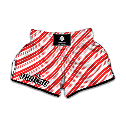 Red And White Candy Cane Stripe Print Muay Thai Boxing Shorts