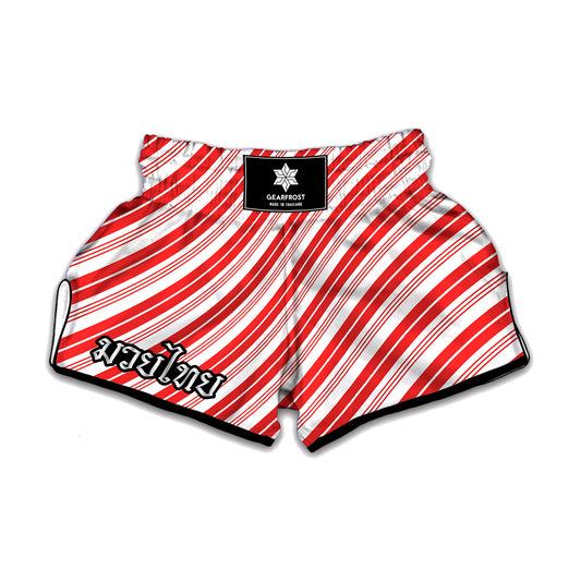Red And White Candy Cane Stripe Print Muay Thai Boxing Shorts