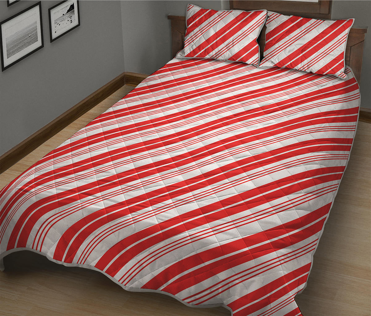 Red And White Candy Cane Stripe Print Quilt Bed Set
