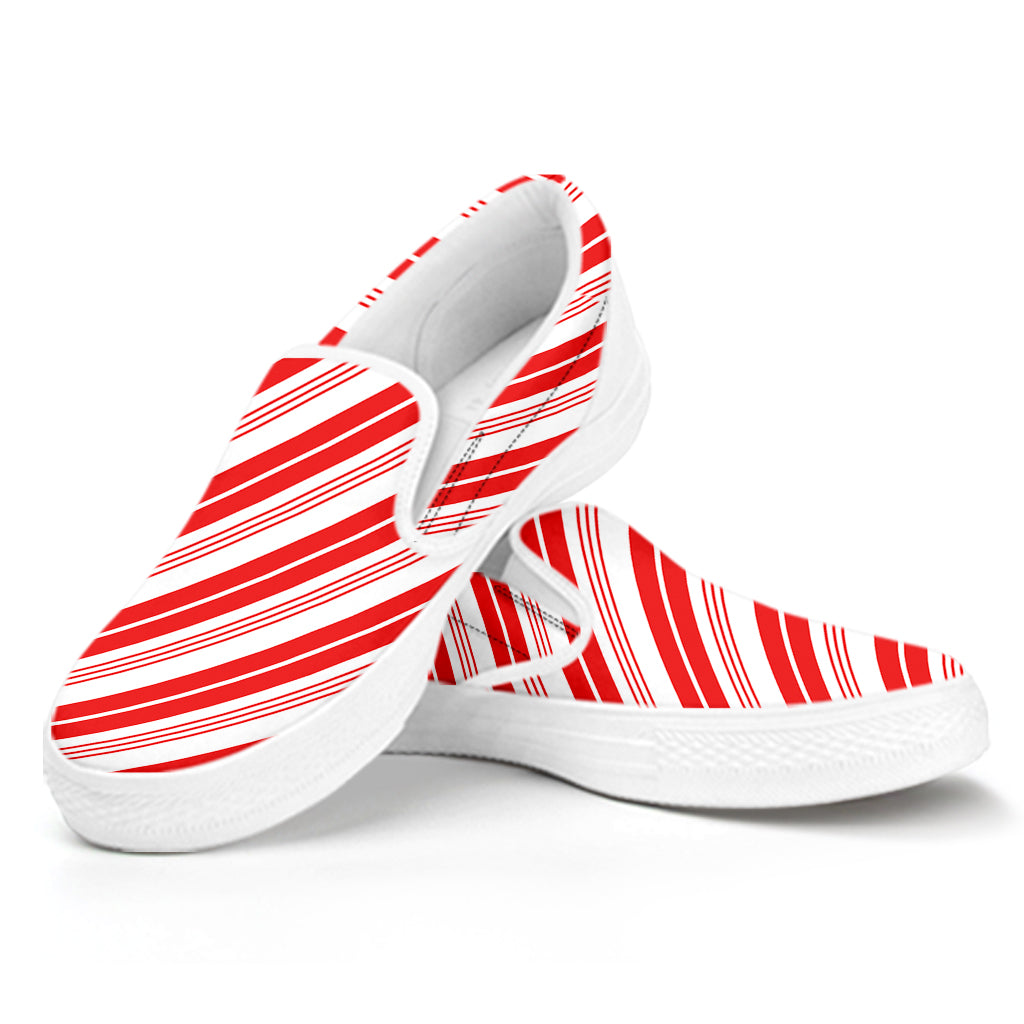 Red And White Candy Cane Stripe Print White Slip On Shoes