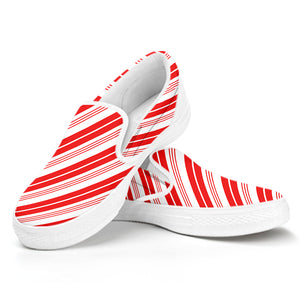 Red And White Candy Cane Stripe Print White Slip On Shoes