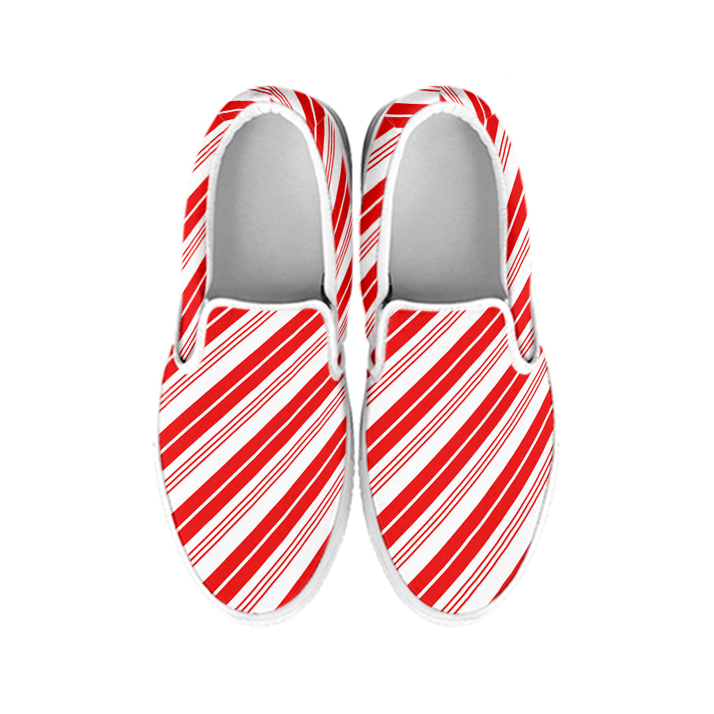 Red And White Candy Cane Stripe Print White Slip On Shoes