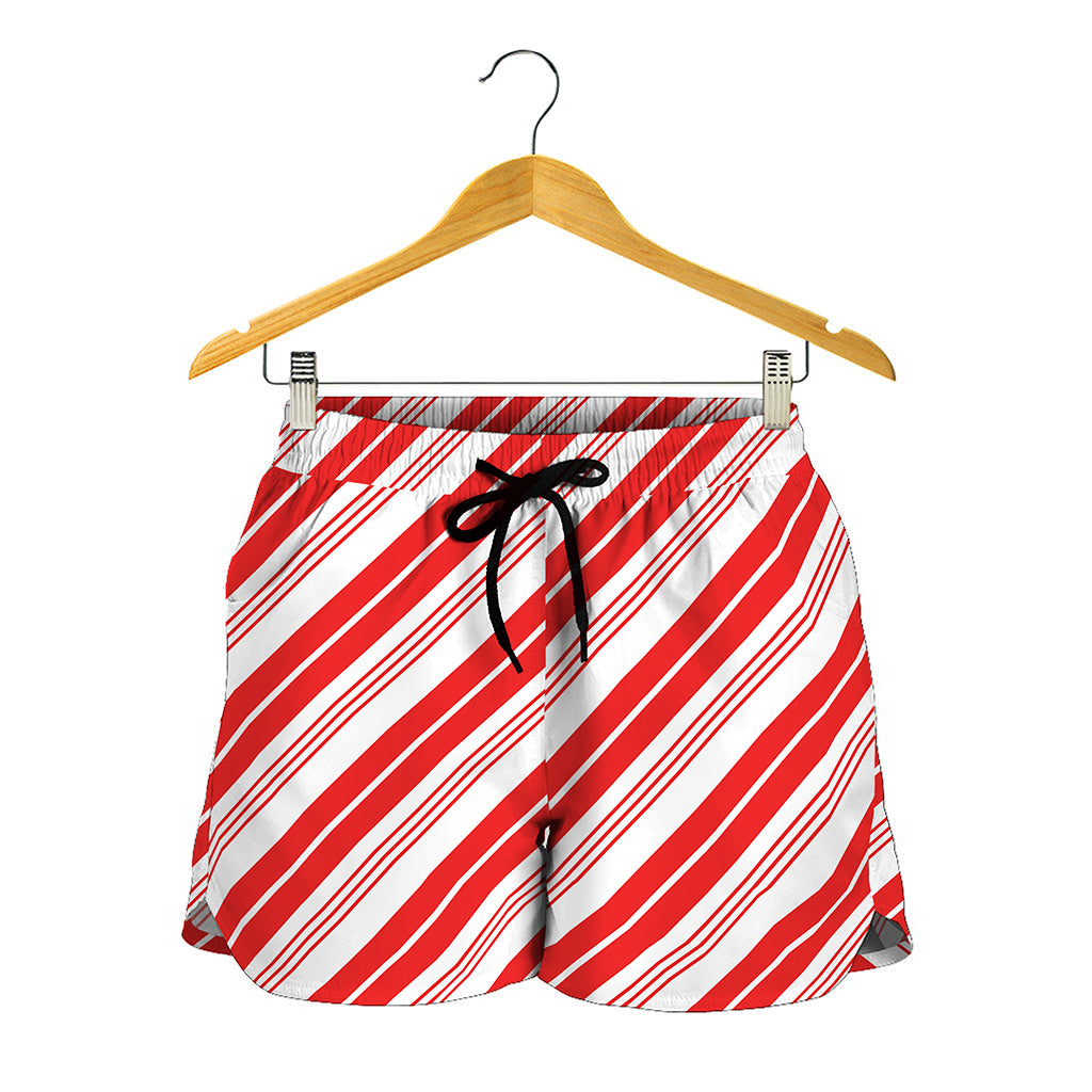 Red And White Candy Cane Stripe Print Women's Shorts