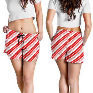 Red And White Candy Cane Stripe Print Women's Shorts