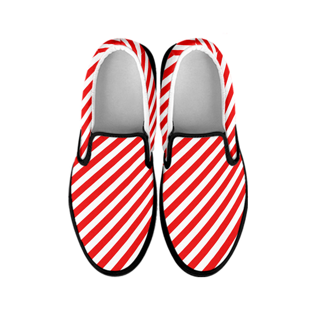 Red And White Candy Cane Striped Print Black Slip On Shoes