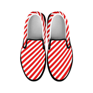 Red And White Candy Cane Striped Print Black Slip On Shoes