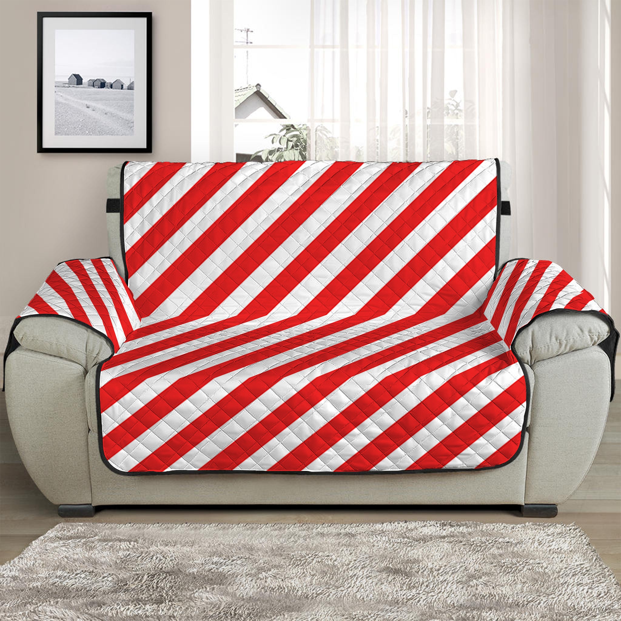 Red And White Candy Cane Striped Print Half Sofa Protector