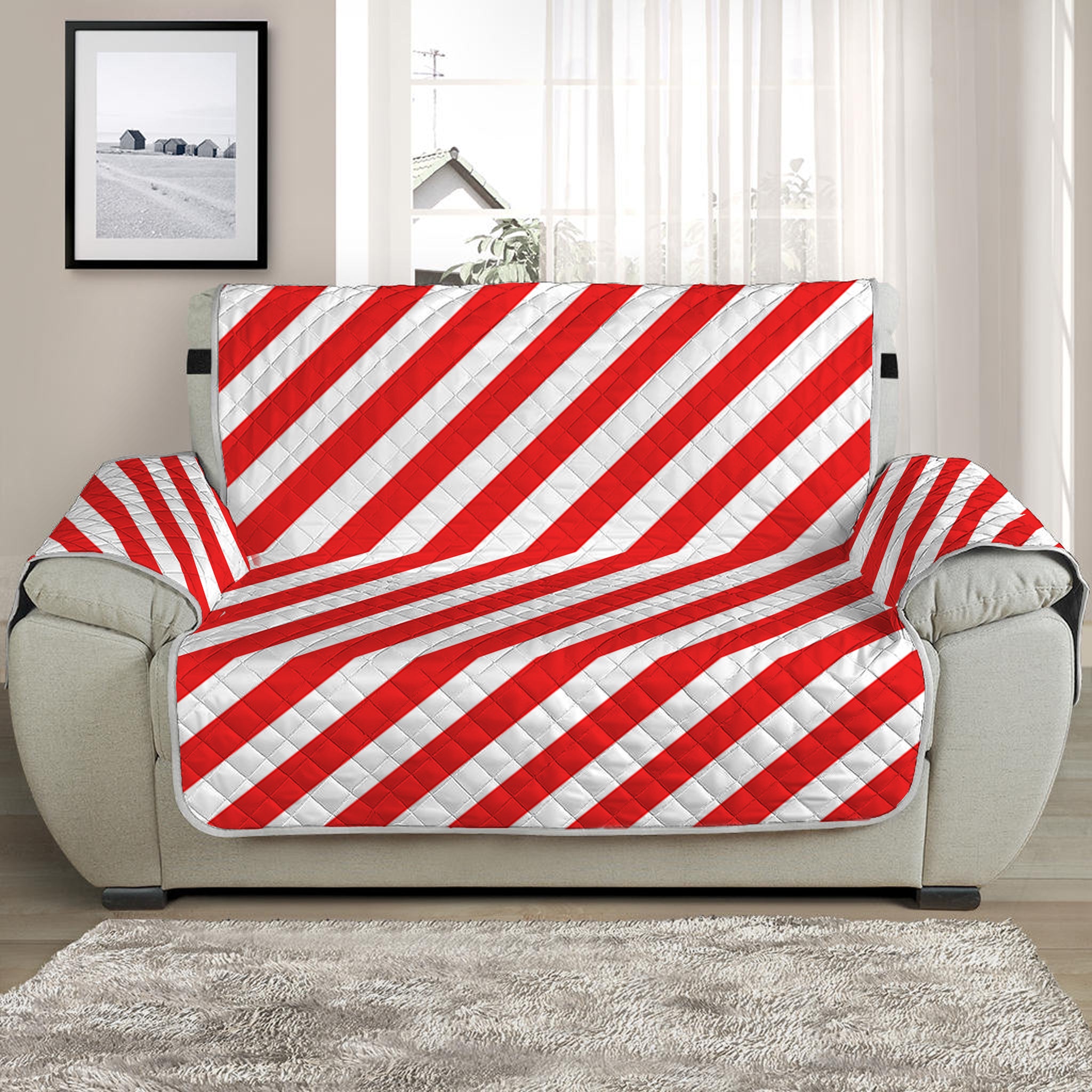 Red And White Candy Cane Striped Print Half Sofa Protector