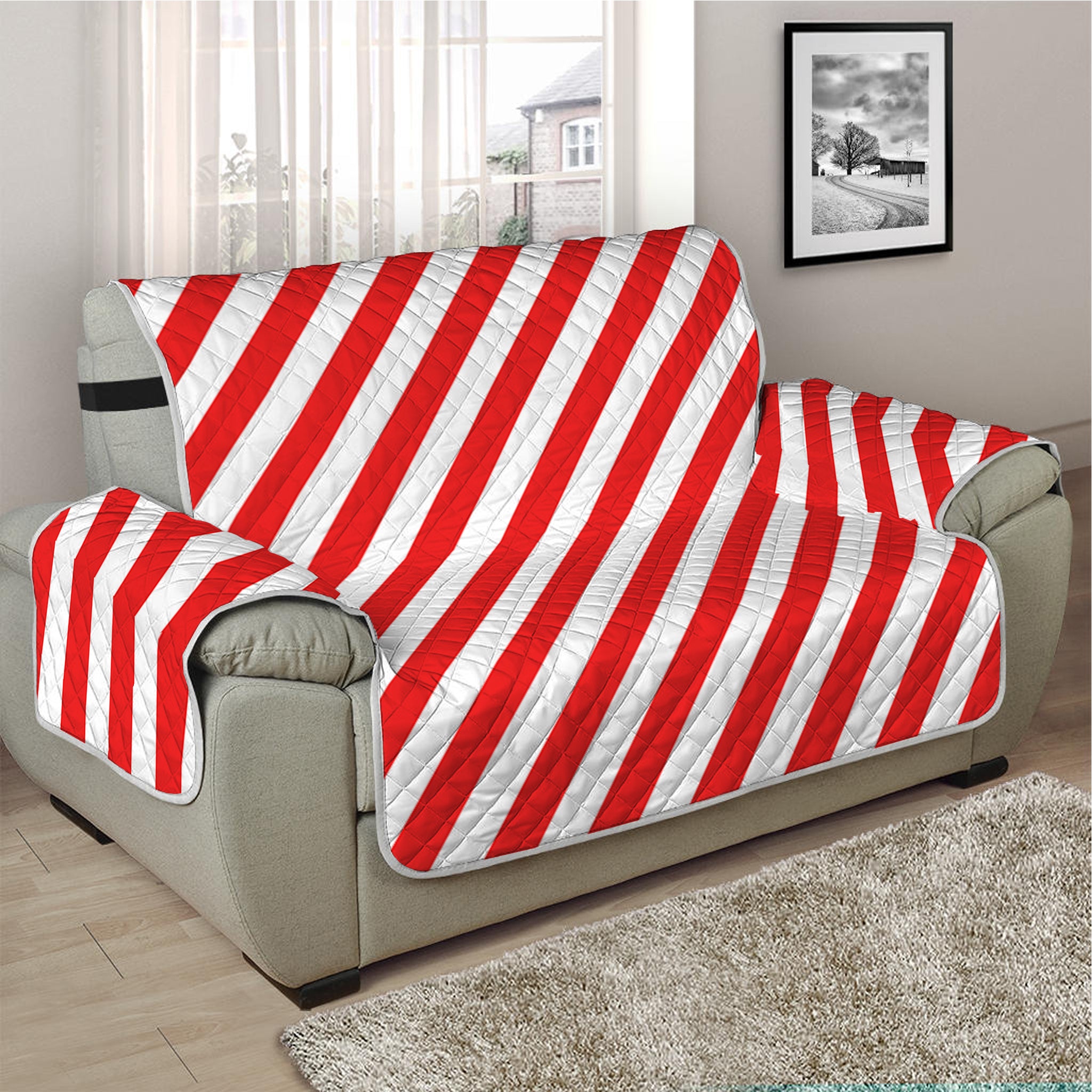 Red And White Candy Cane Striped Print Half Sofa Protector