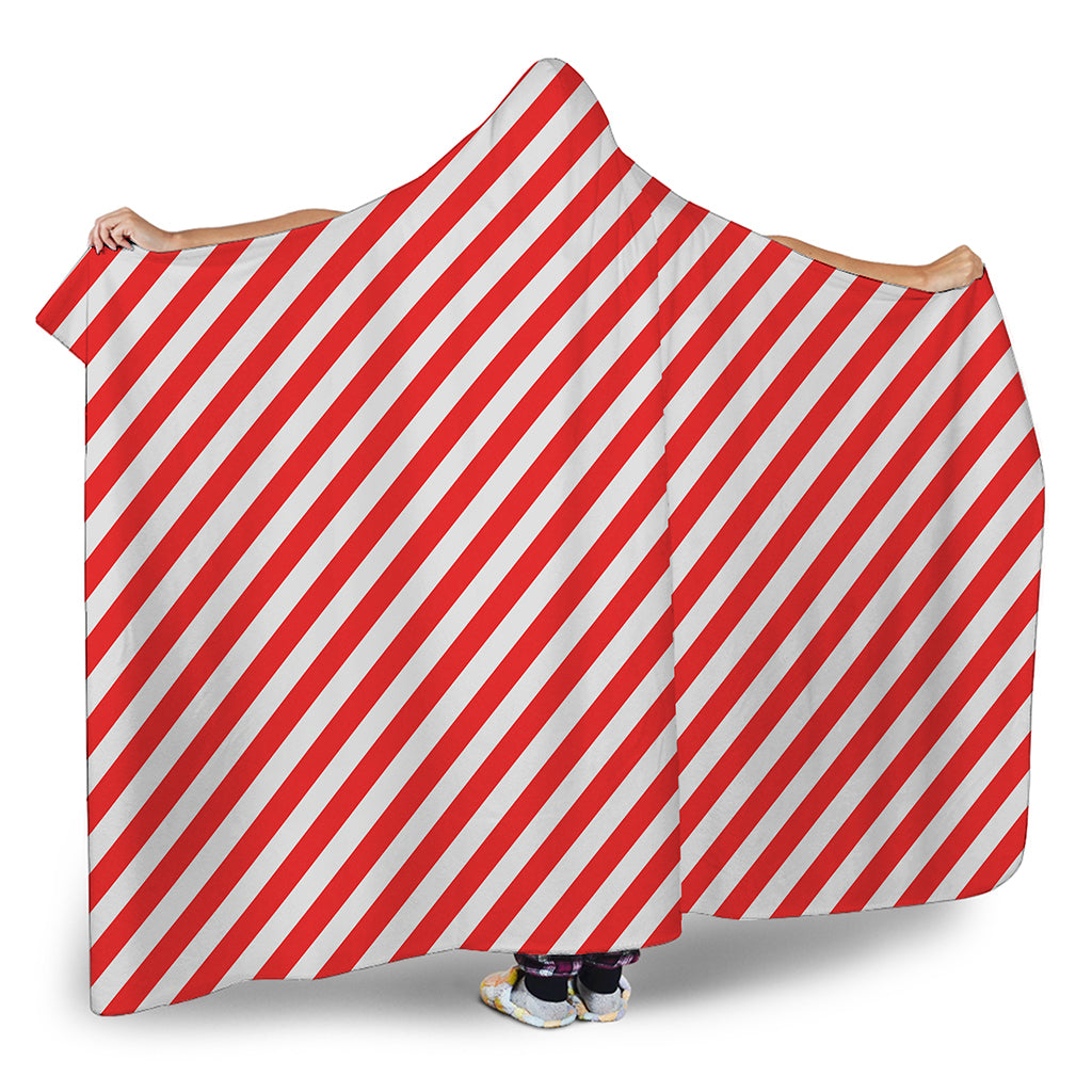 Red And White Candy Cane Striped Print Hooded Blanket