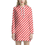 Red And White Candy Cane Striped Print Hoodie Dress