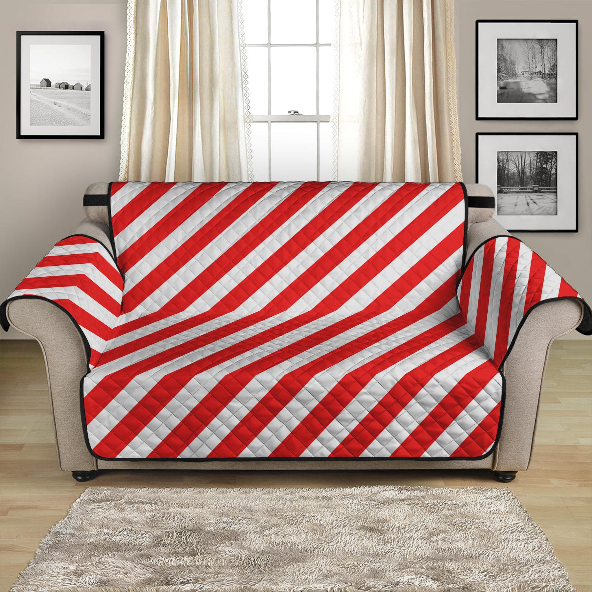 Red And White Candy Cane Striped Print Loveseat Protector