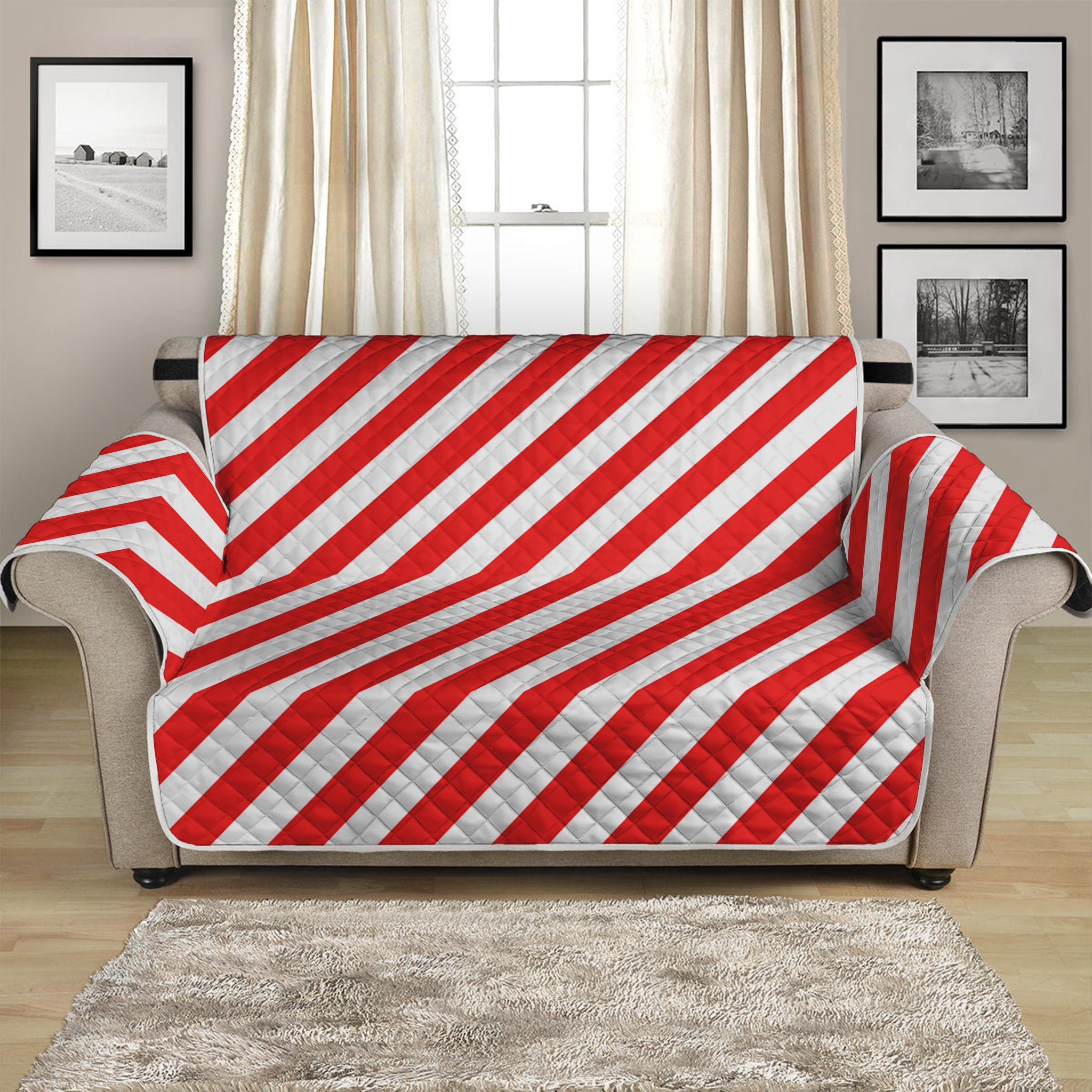 Red And White Candy Cane Striped Print Loveseat Protector