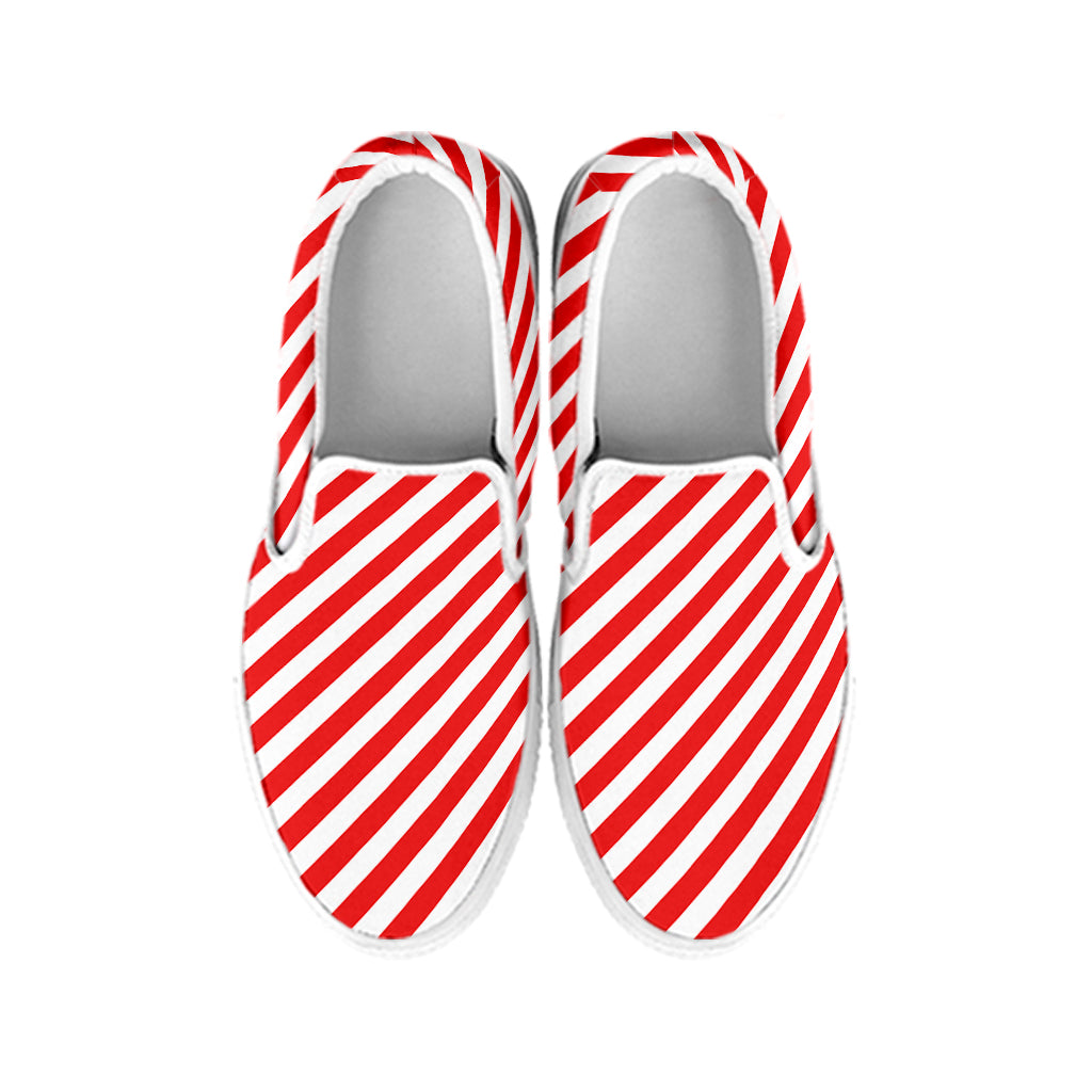 Red And White Candy Cane Striped Print White Slip On Shoes