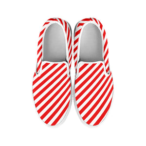 Red And White Candy Cane Striped Print White Slip On Shoes