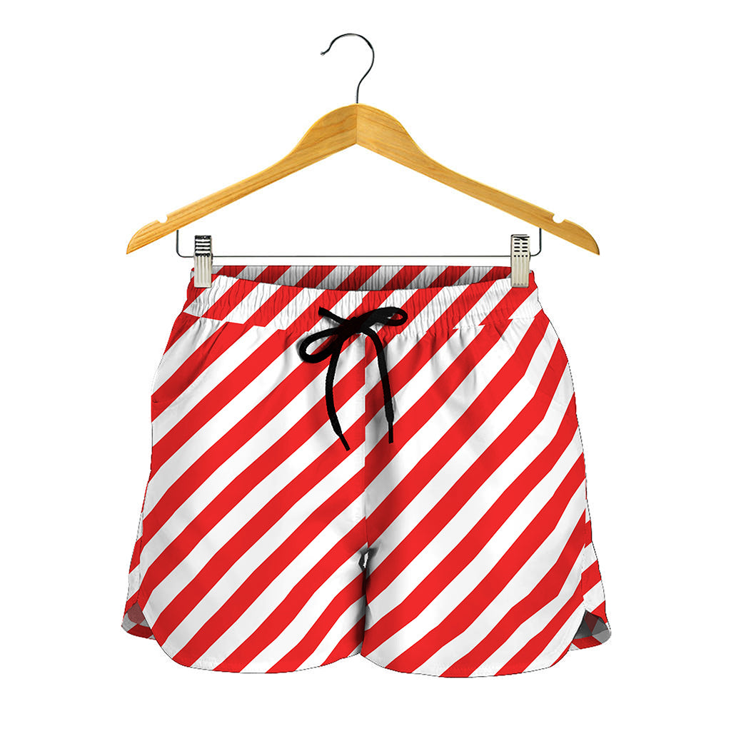 Red And White Candy Cane Striped Print Women's Shorts