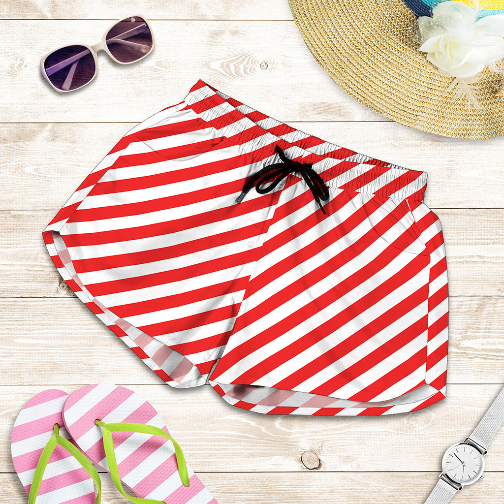 Red And White Candy Cane Striped Print Women's Shorts