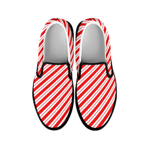 Red And White Candy Cane Stripes Print Black Slip On Shoes