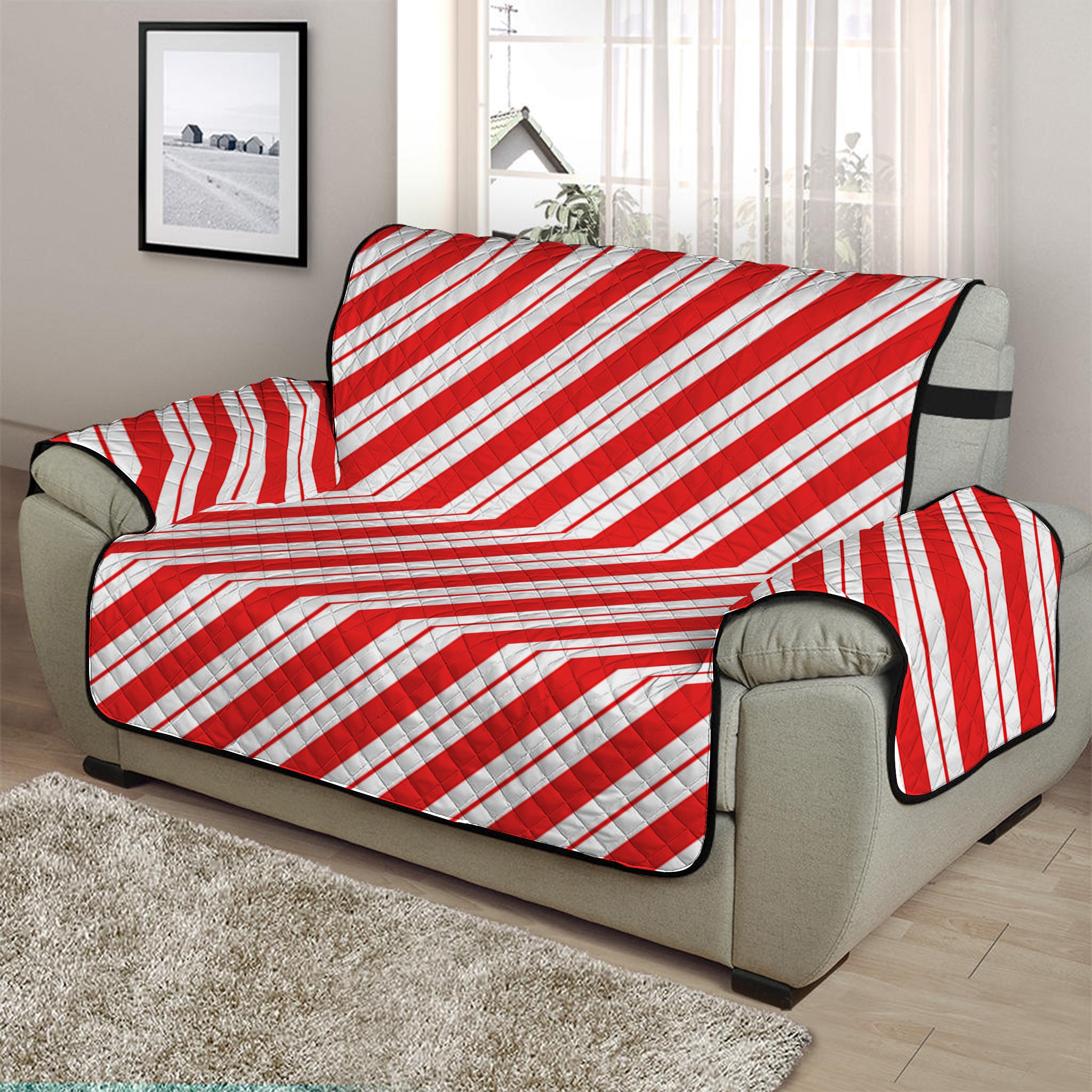 Red And White Candy Cane Stripes Print Half Sofa Protector