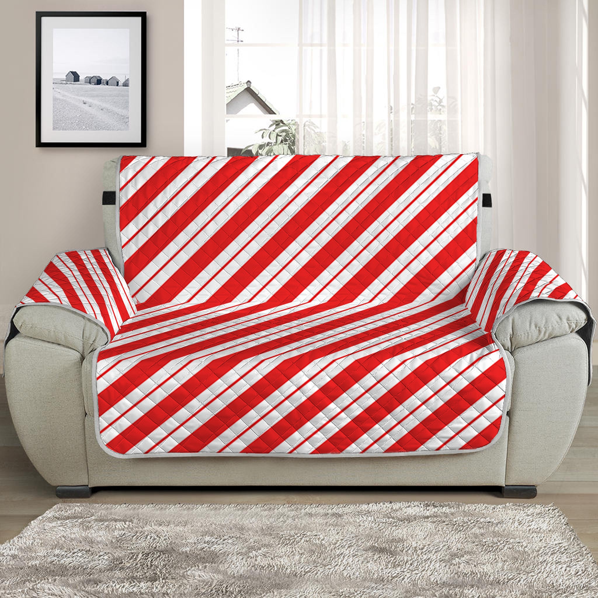 Red And White Candy Cane Stripes Print Half Sofa Protector