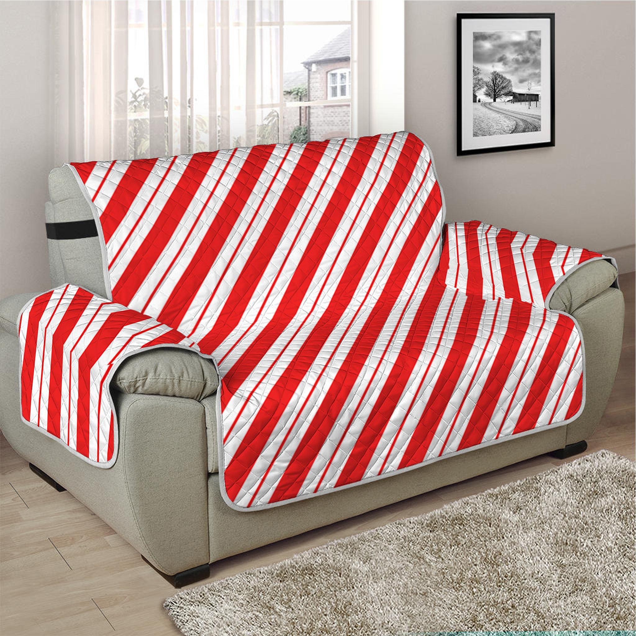 Red And White Candy Cane Stripes Print Half Sofa Protector