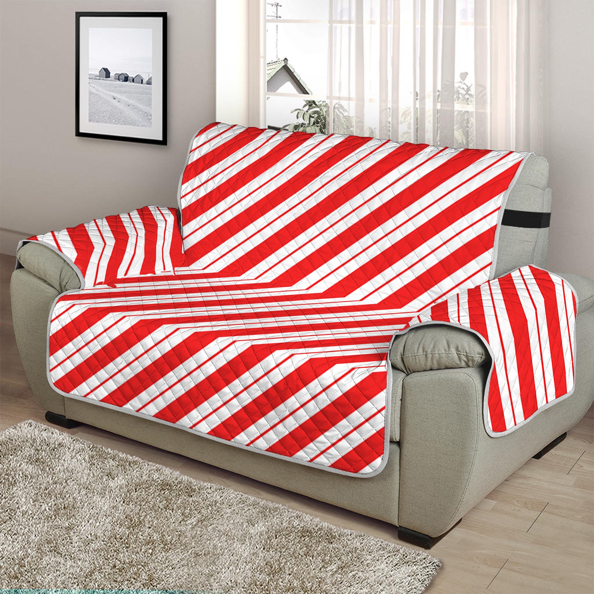 Red And White Candy Cane Stripes Print Half Sofa Protector