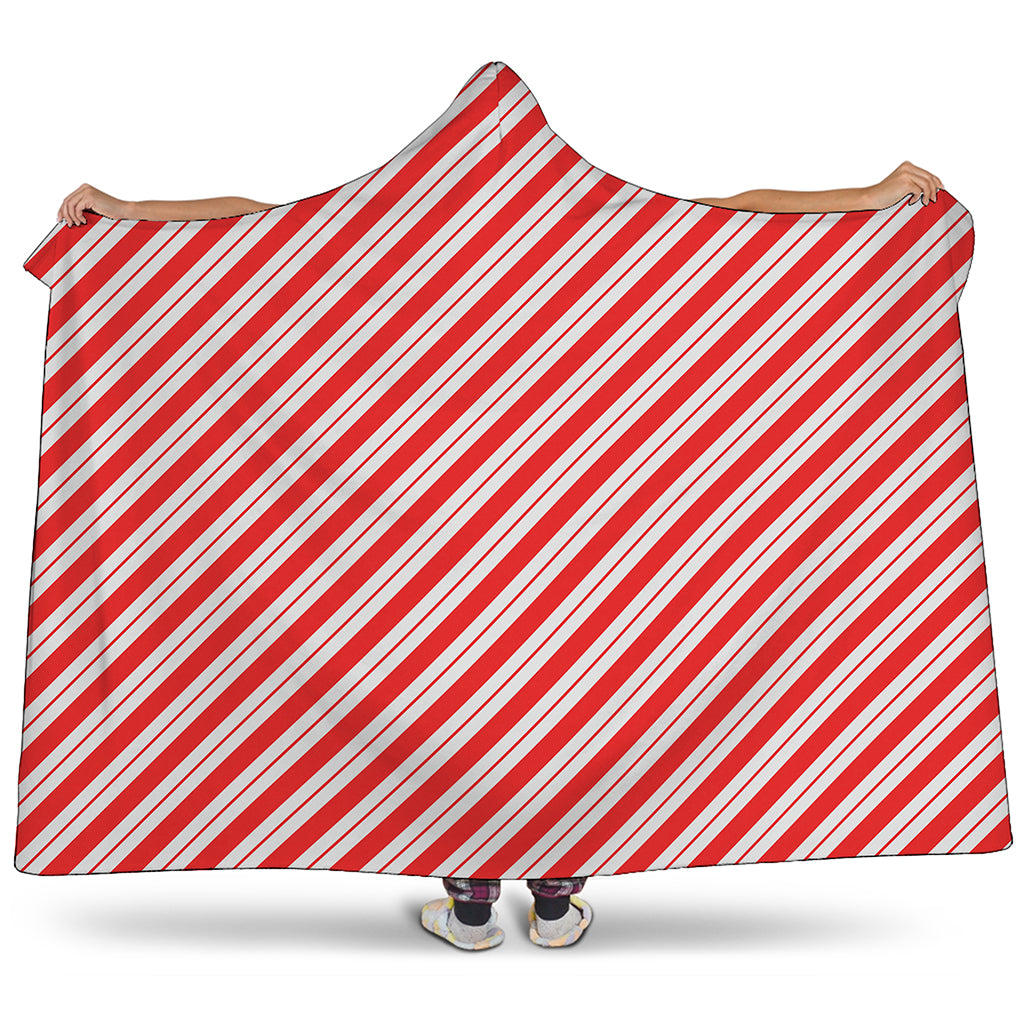 Red And White Candy Cane Stripes Print Hooded Blanket